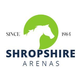 The logo for shropshire arenas shows a horse 's head in a green circle.