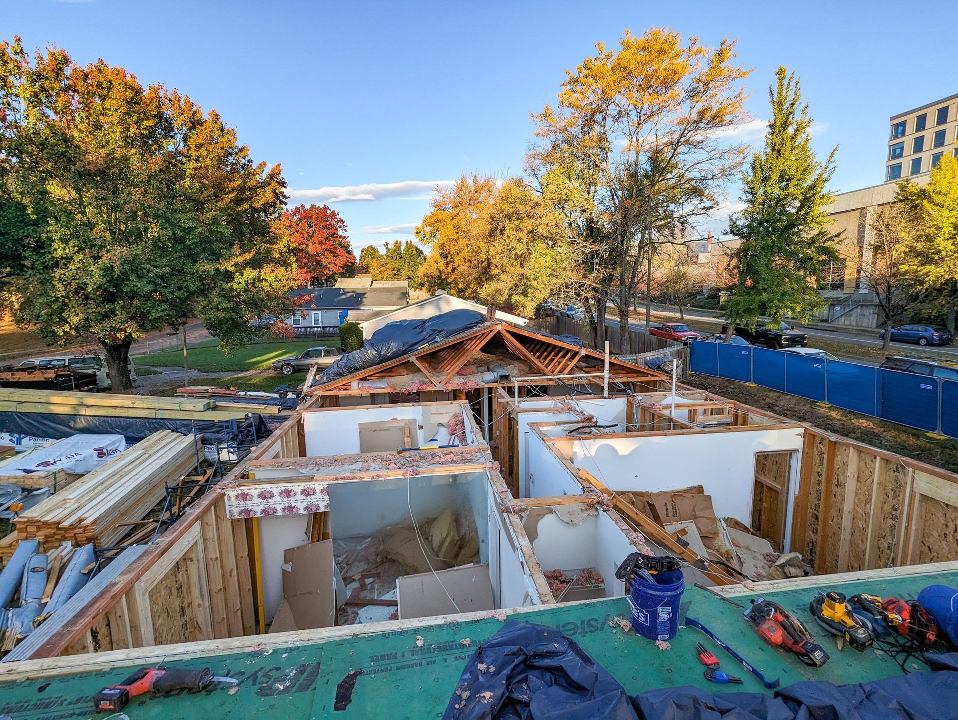 A house is being built with a green roof.