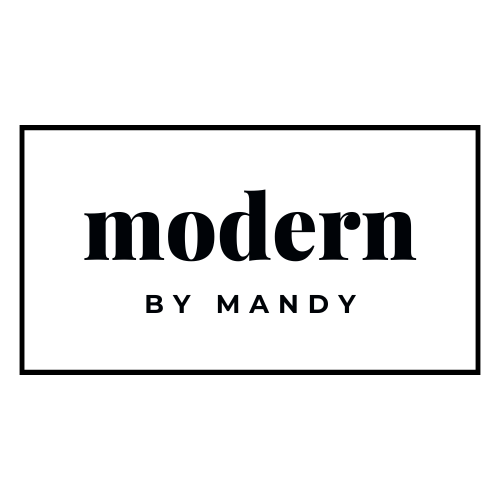 Logo: "modern" in a bold serif font above "BY MANDY" in a smaller sans-serif font, all within a rectangle.