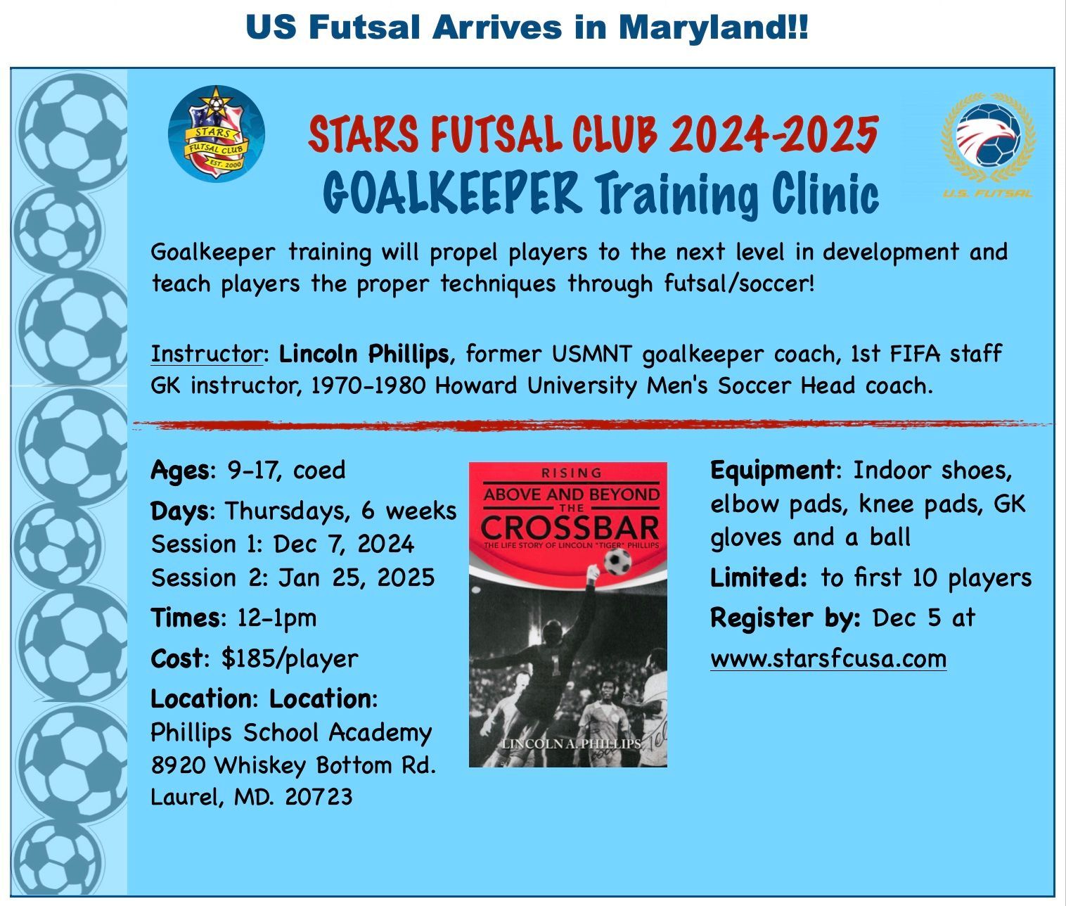 An advertisement flier for stars fc goalkeeper training clinic