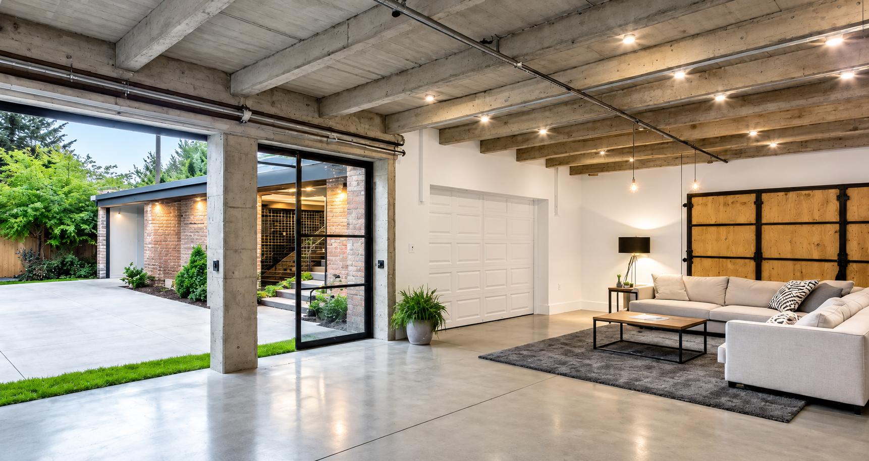 Modern open-plan living room with large glass doors opening to a patio and greenery outside