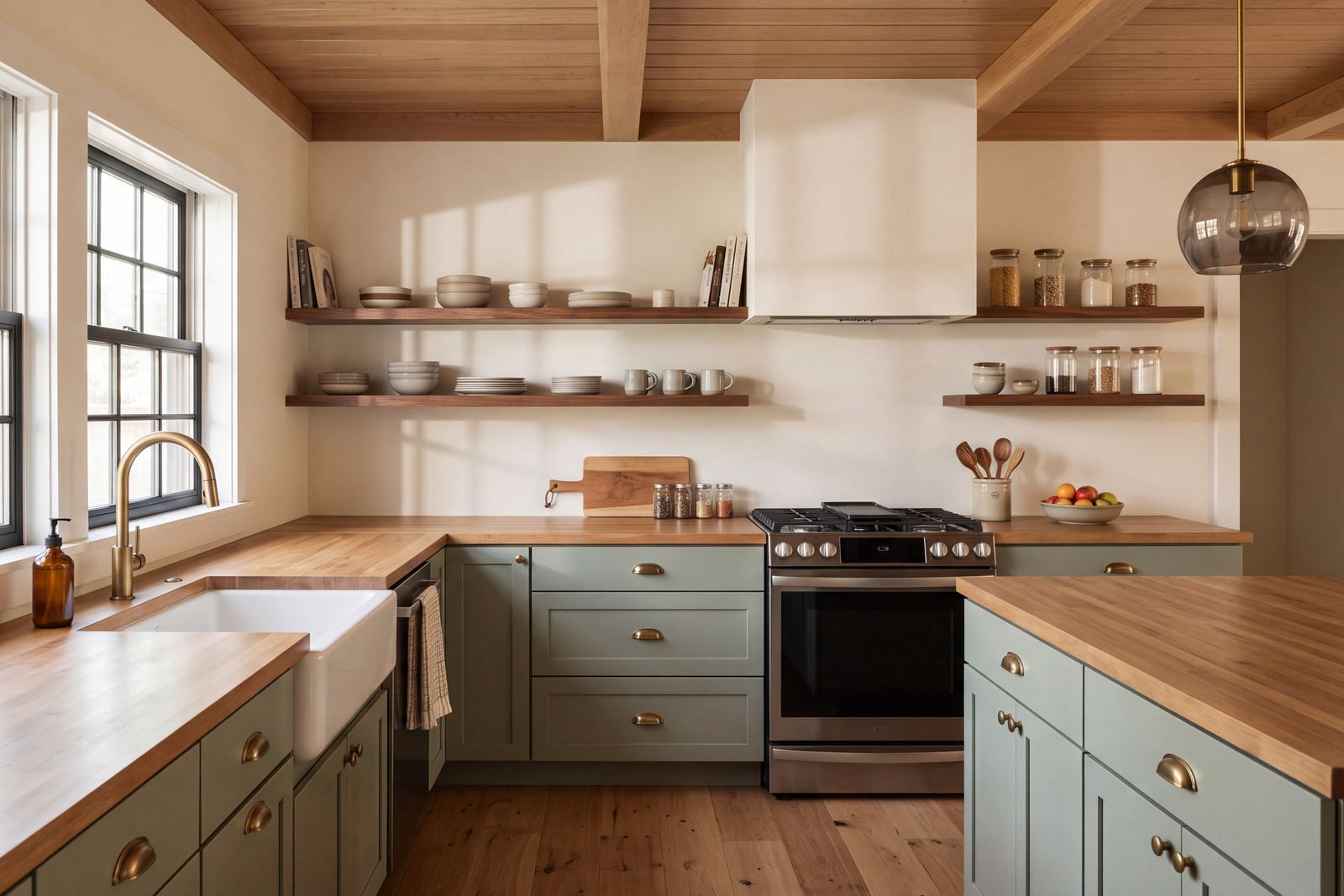 Bright modern kitchen with wood beams, sage cabinets, open shelves, and a large window over a sink.