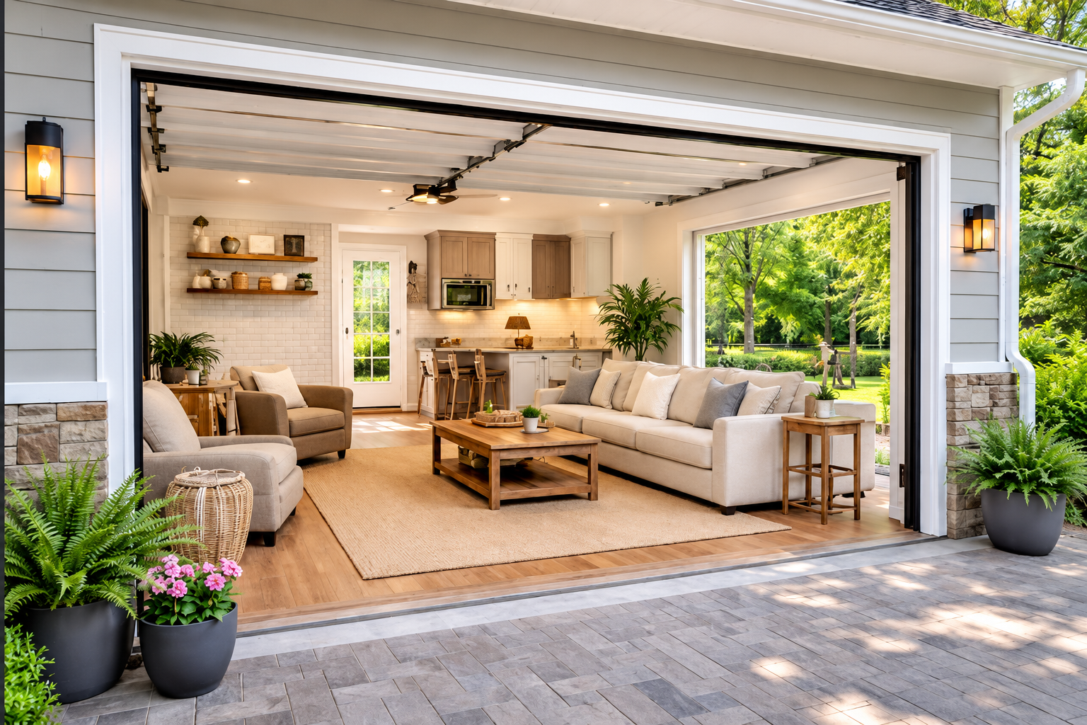 Open garage turned cozy outdoor living room with beige sofas, wood coffee table, and plants