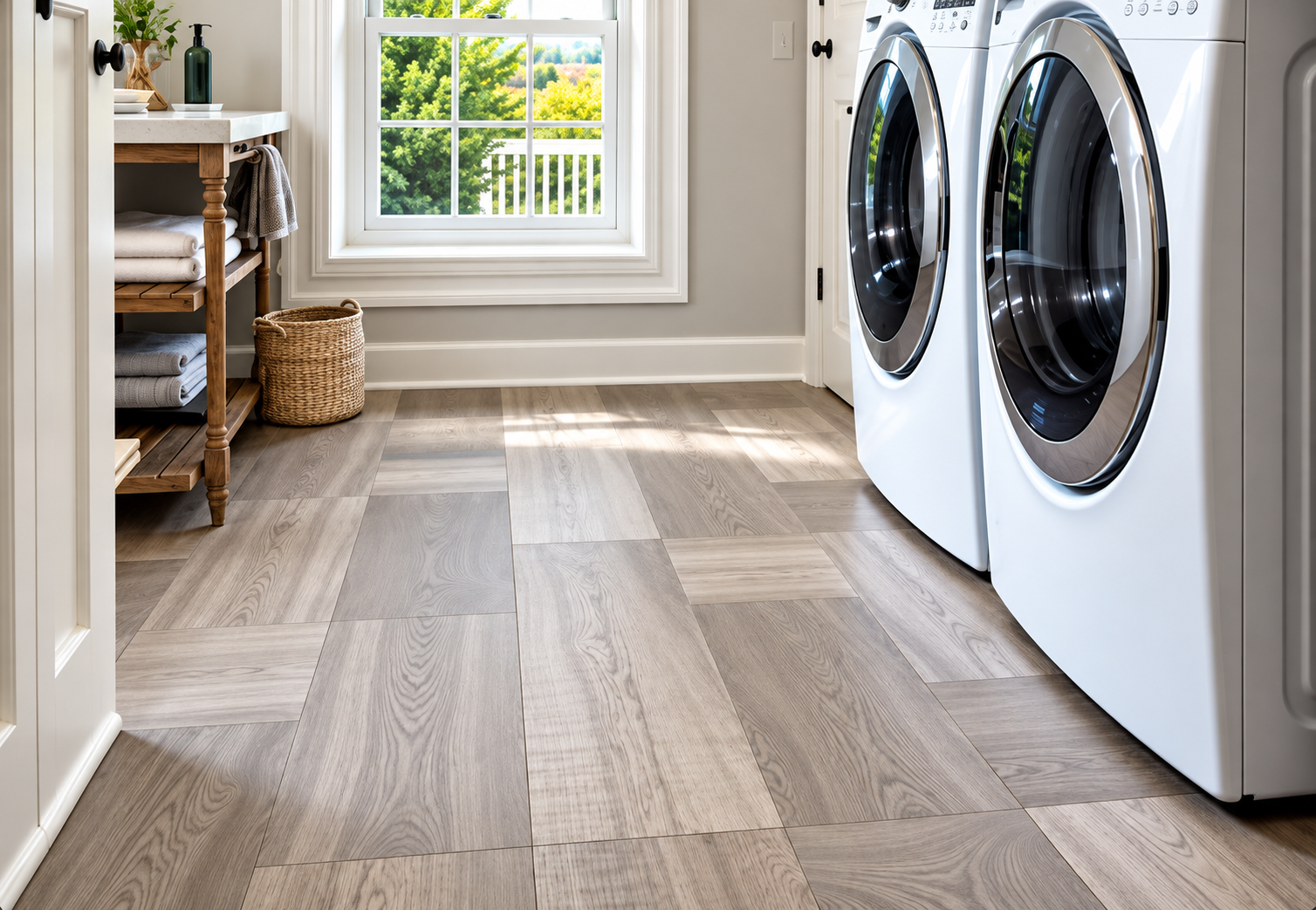 Laundry room with front-loading washer and dryer on wood flooring beside a bright window