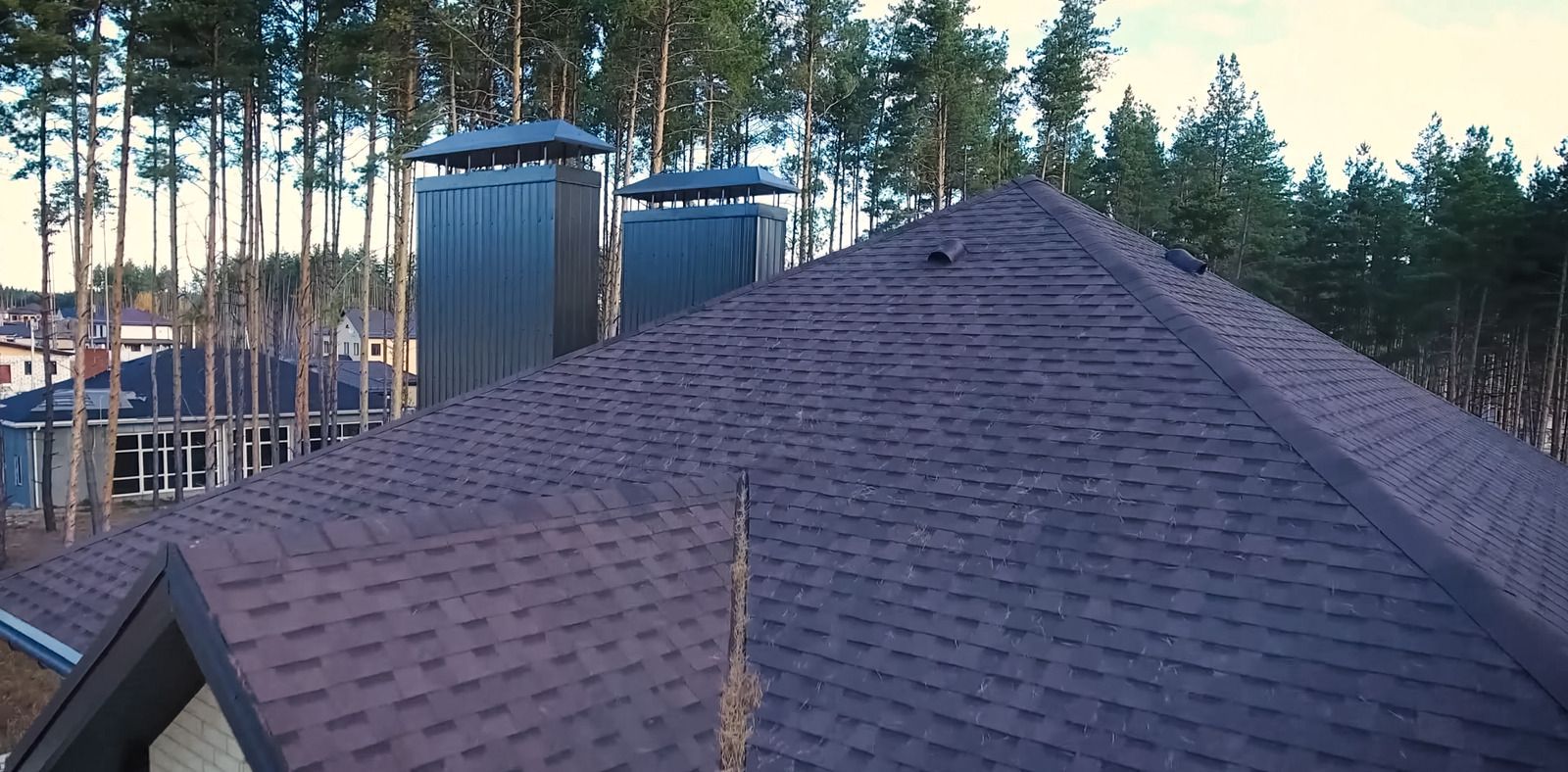 Rooftop with brown shingles and two chimneys, backed by trees at dusk.