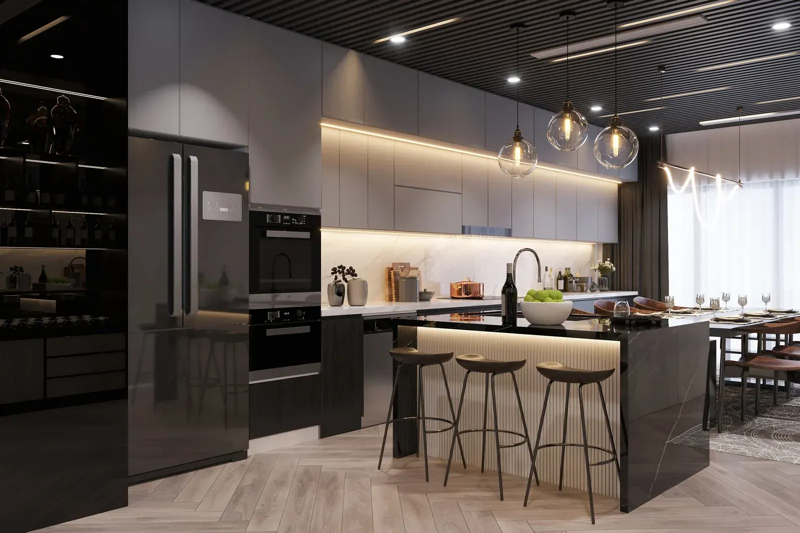Modern kitchen with dark cabinets, island seating, and warm pendant lights