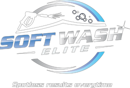 Soft Wash Elite logo in blue, gray, and white with a water droplet and sparkle icons, plus tagline “Spotless results everytime”