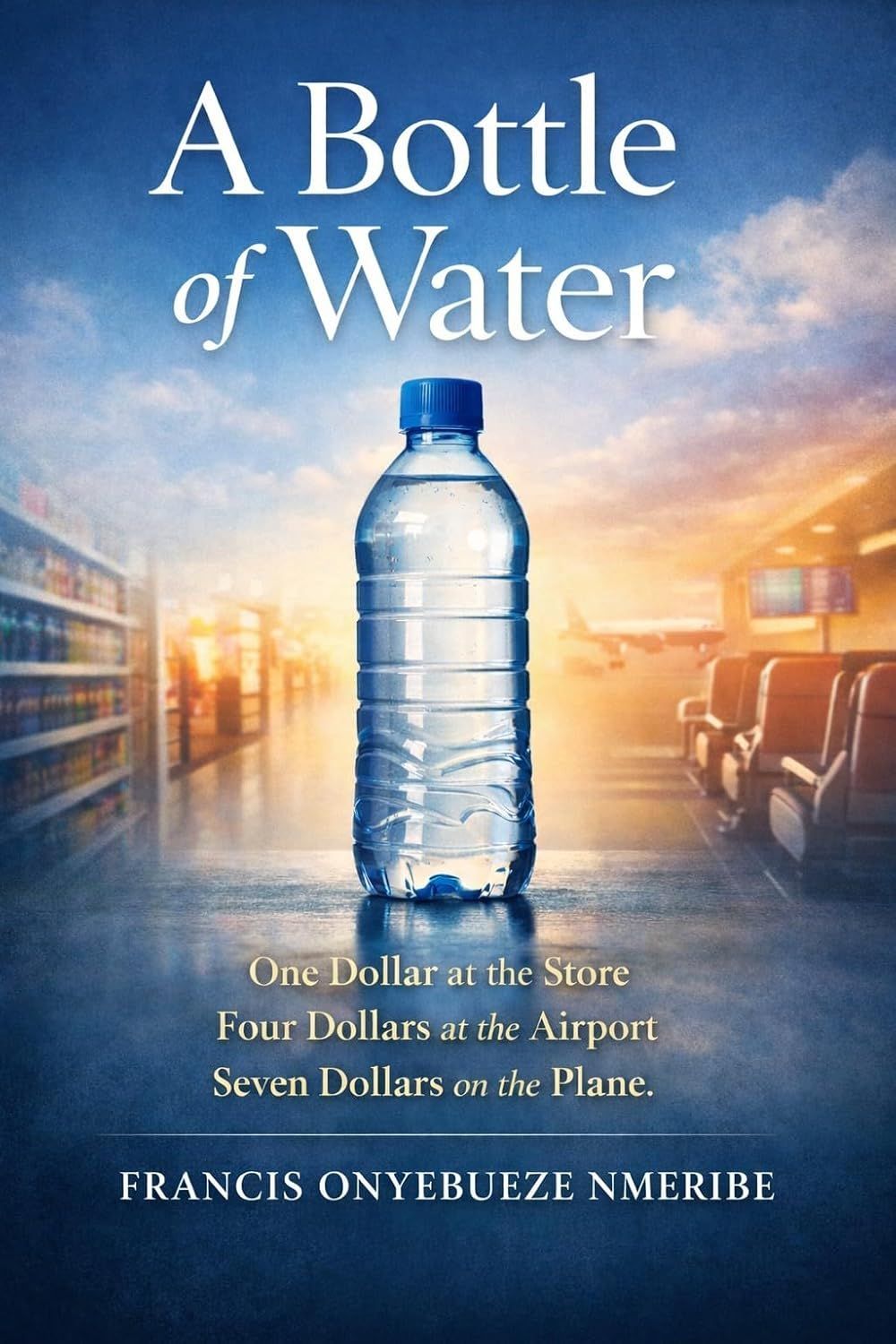Book cover with a water bottle on a sunlit pier, titled “A Bottle of Water” by Francis Onyebueze Meribe