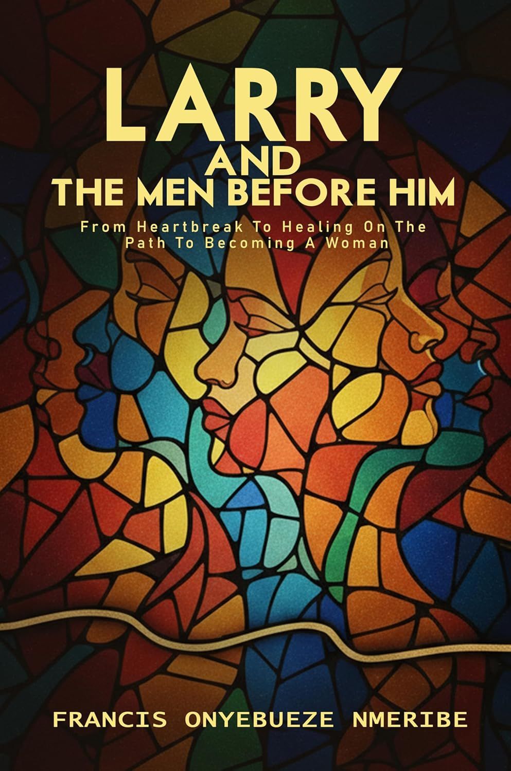 Book cover reading “Larry and The Man Before Him” over a stained-glass-style face in warm colors.