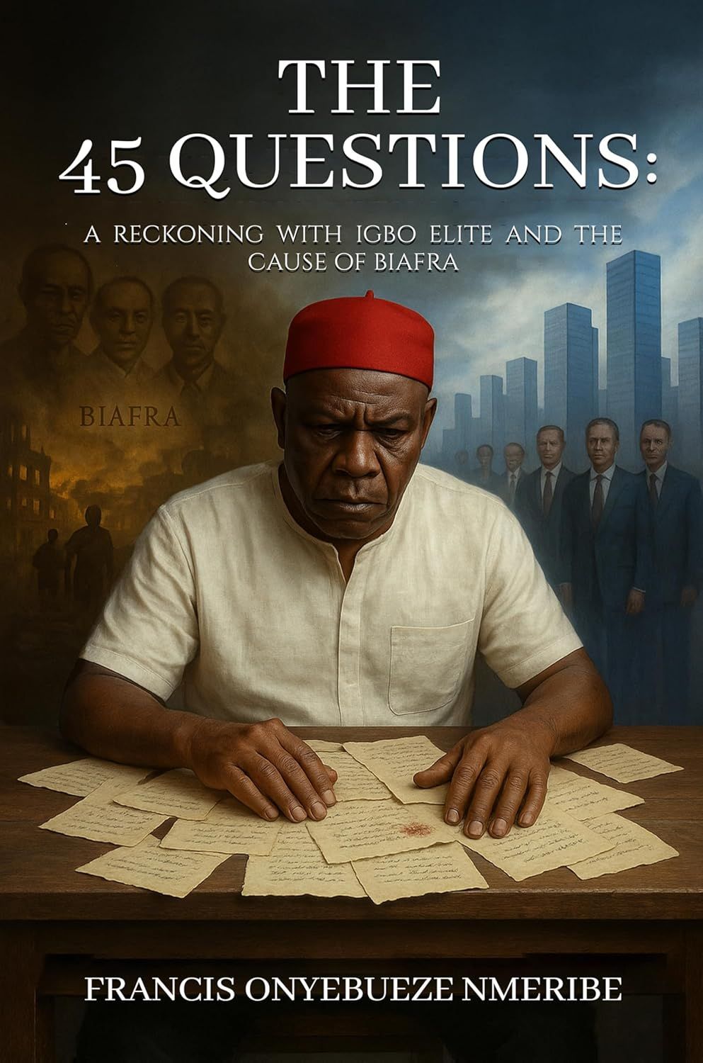 Book cover titled “The 45 Questions,” showing a man at a table with scattered papers and a city skyline behind him.