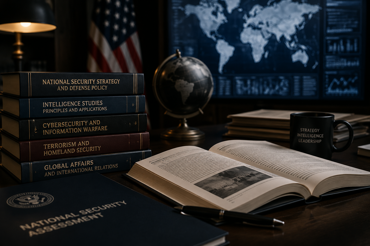 Dark study desk with open book, stacked novels, globe, lamp, and computer monitor with world map.