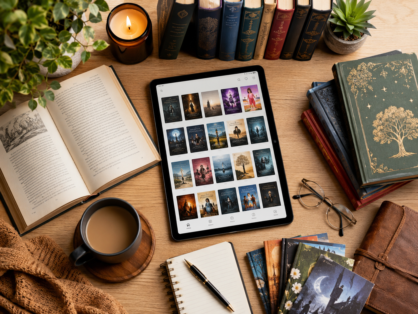 Tablet displaying book covers on a cozy desk with open books, coffee, candle, and notebooks