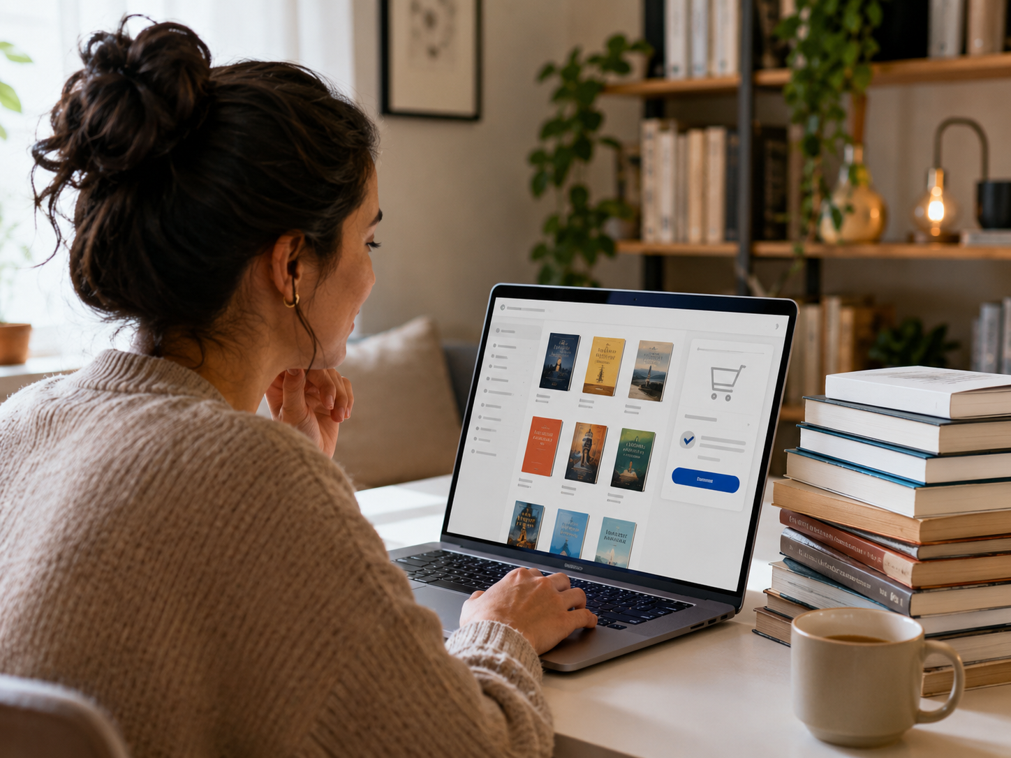 Person working on a laptop at a desk with books and a coffee mug in a cozy home office.