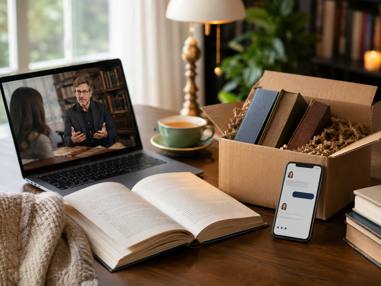 Cozy study desk with laptop video call, open book, coffee, phone, and books in a bright room