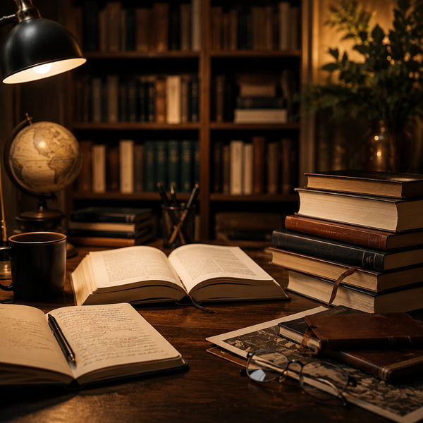 Warm library desk with open books, stacked volumes, globe, and lamp in a cozy study scene