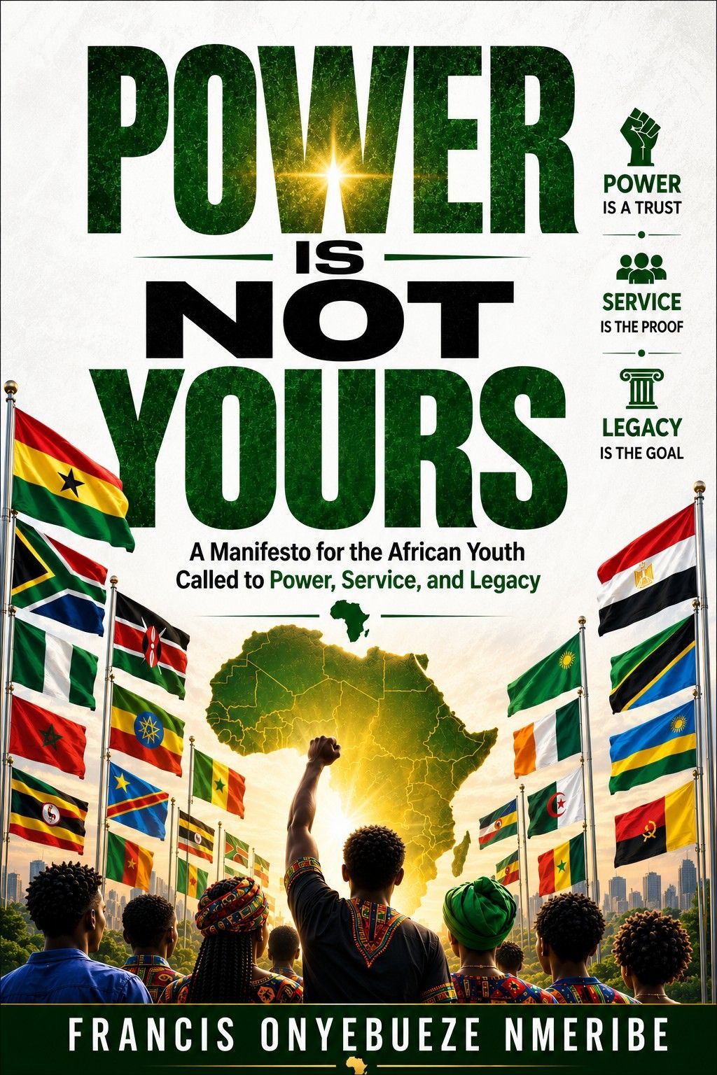 Book cover reading “POWER IS NOT YOURS,” with raised fists, flags, and subtitle about Africa’s wealth