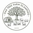 Oak Tree Farm Glamping logo with tree, sheep, and tiny cabin; Exeter text below.