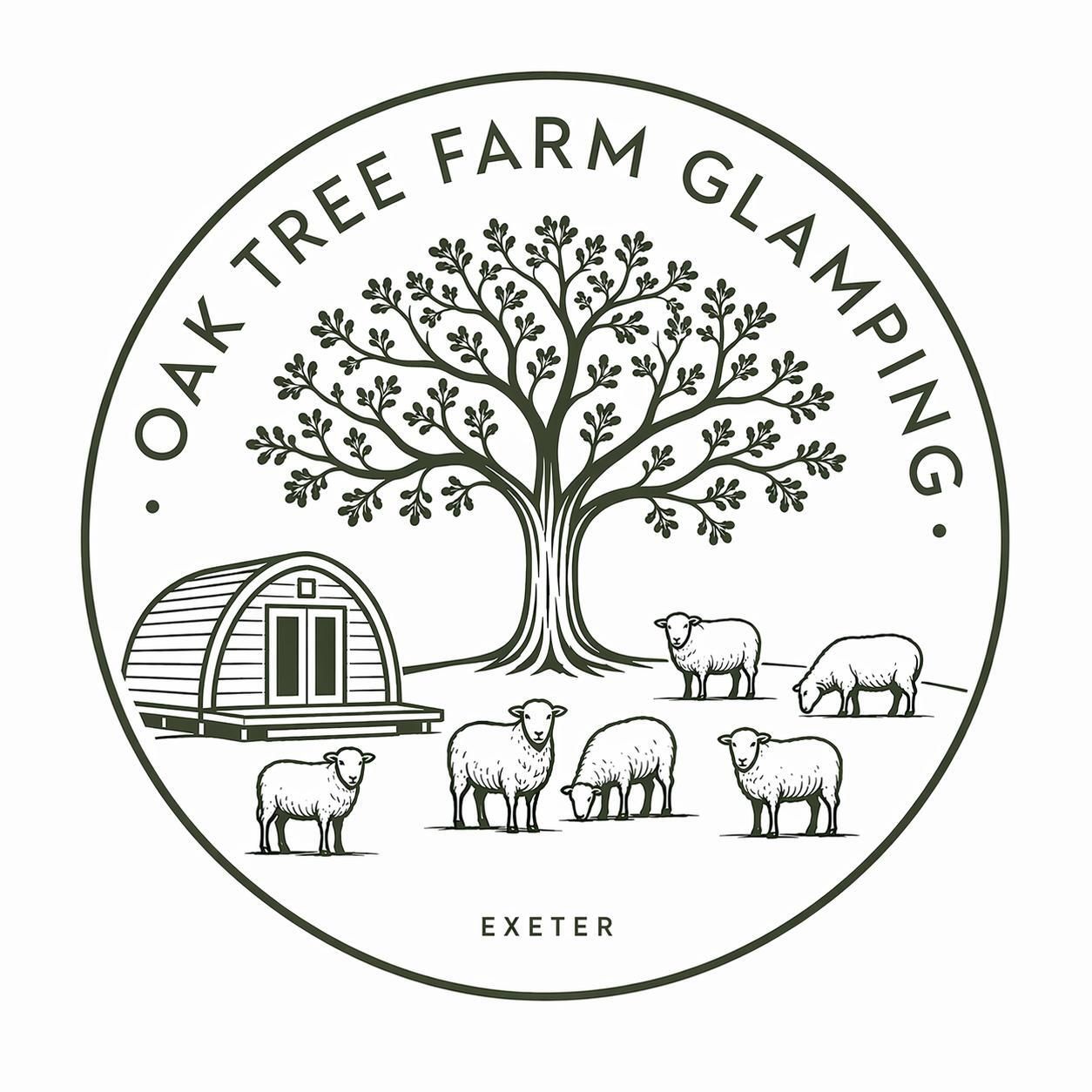 Oak Tree Farm Glamping logo with tree, sheep, and tiny cabin; Exeter text below.