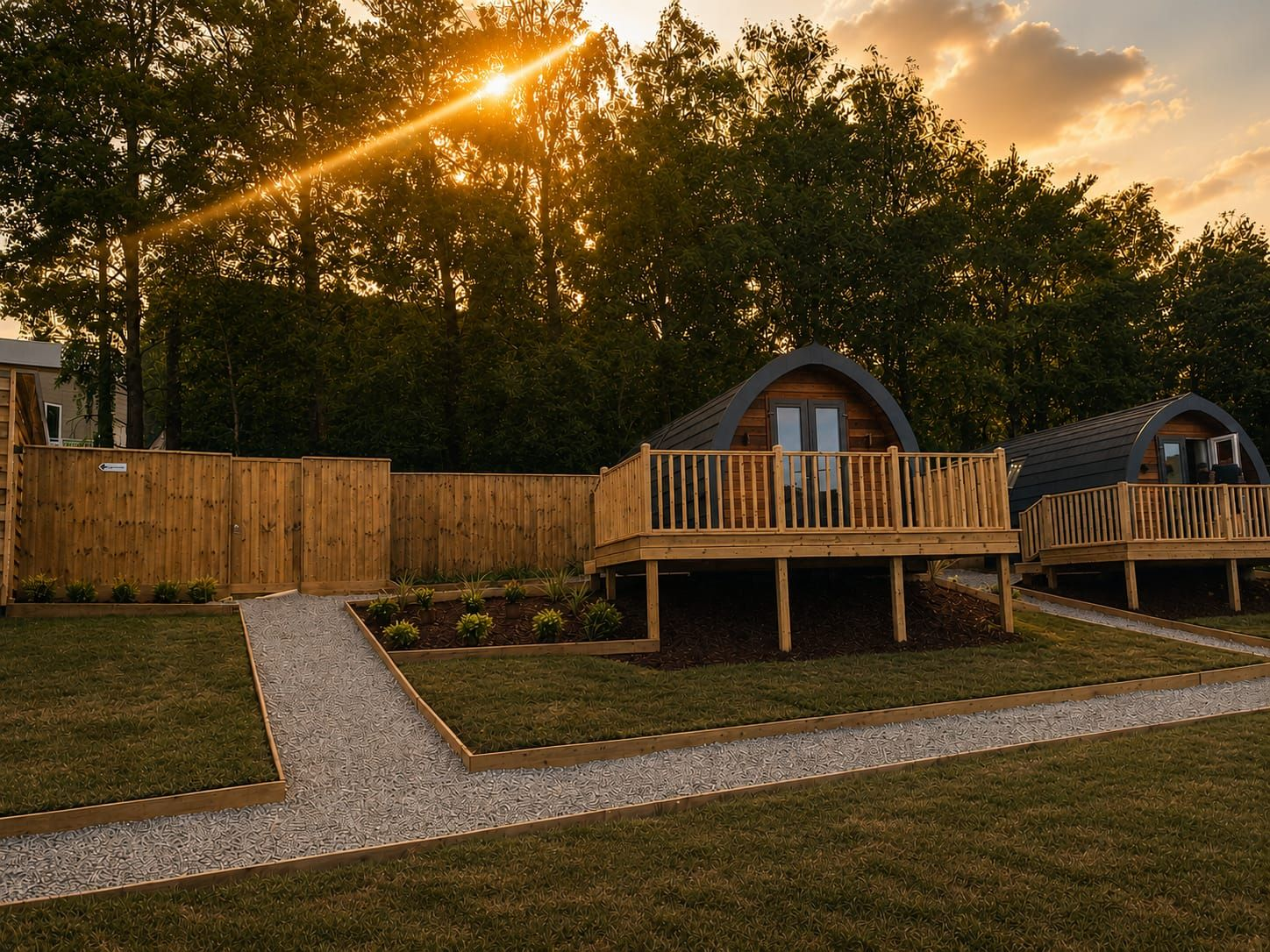 Sunlit backyard with wooden cabins on raised decks, a gravel path, and a fenced lawn at sunset