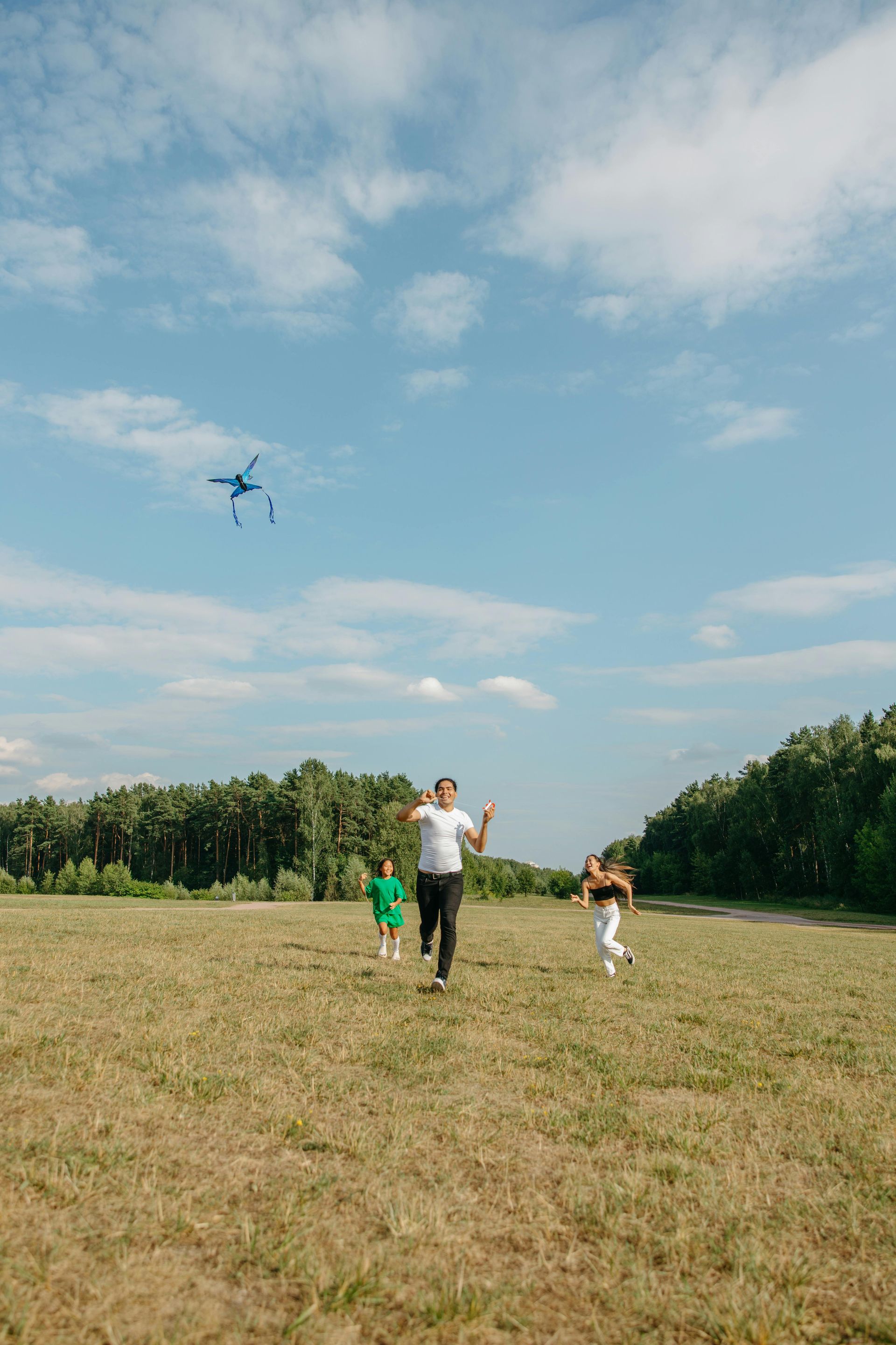 People flying a drone in a grassy field under a blue sky with clouds