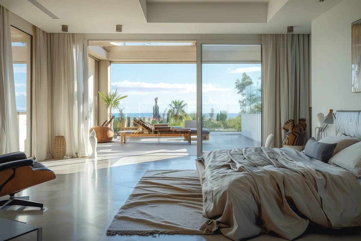 A sliding glass door with window coverings in a bedroom at Beginning To End Interiors & Blinds near Sarasota, Florida (FL)
