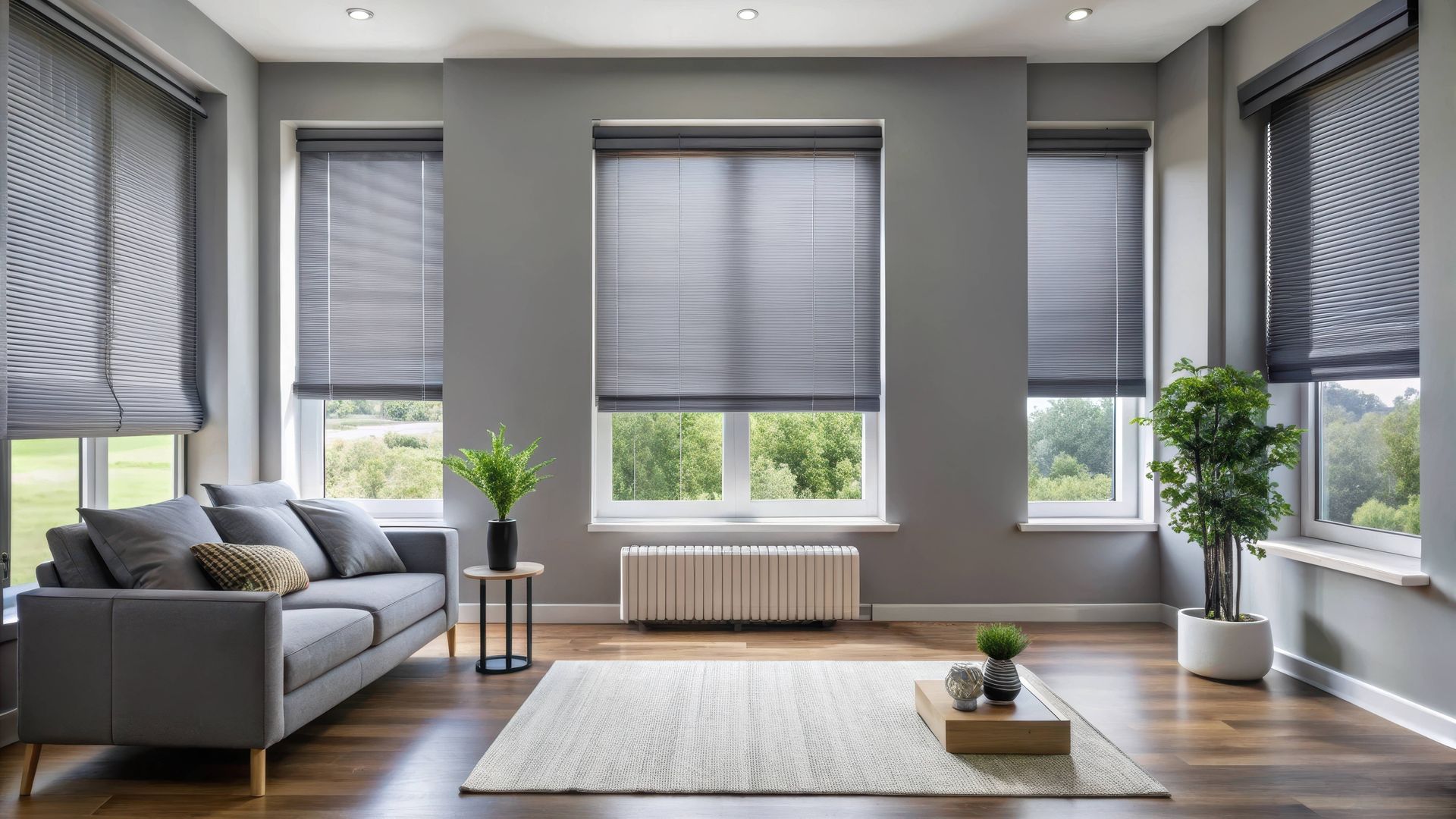 Blinds in a modern living room with a complementary rug at Beginning To End Interiors near Sarasota, FL