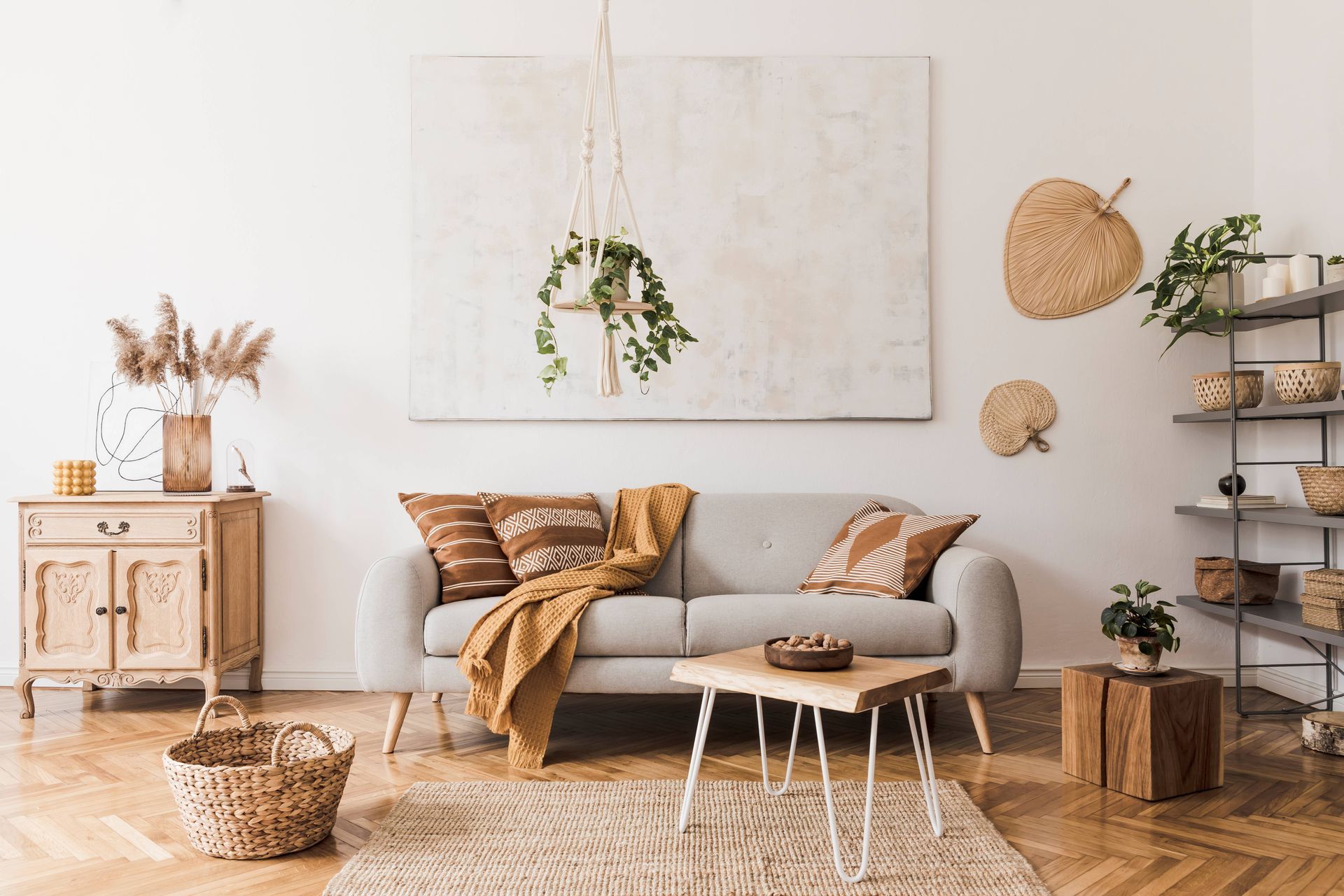 A boho chic interior design for a living room at Beginning To End Interiors near Sarasota, FL