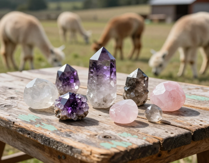 Crystals on a rustic farm table with alpacas grazing in the background