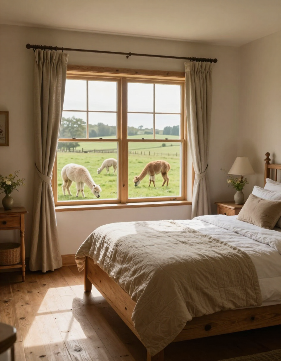 Farmhouse guest room overlooking pasture with alpacas