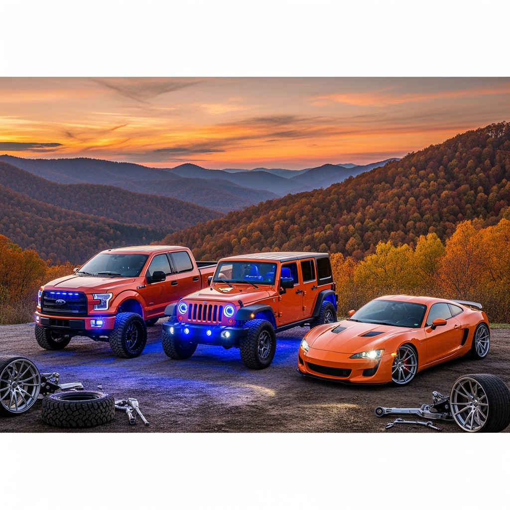 Three orange vehicles with blue underglow lights on a mountain, at sunset.