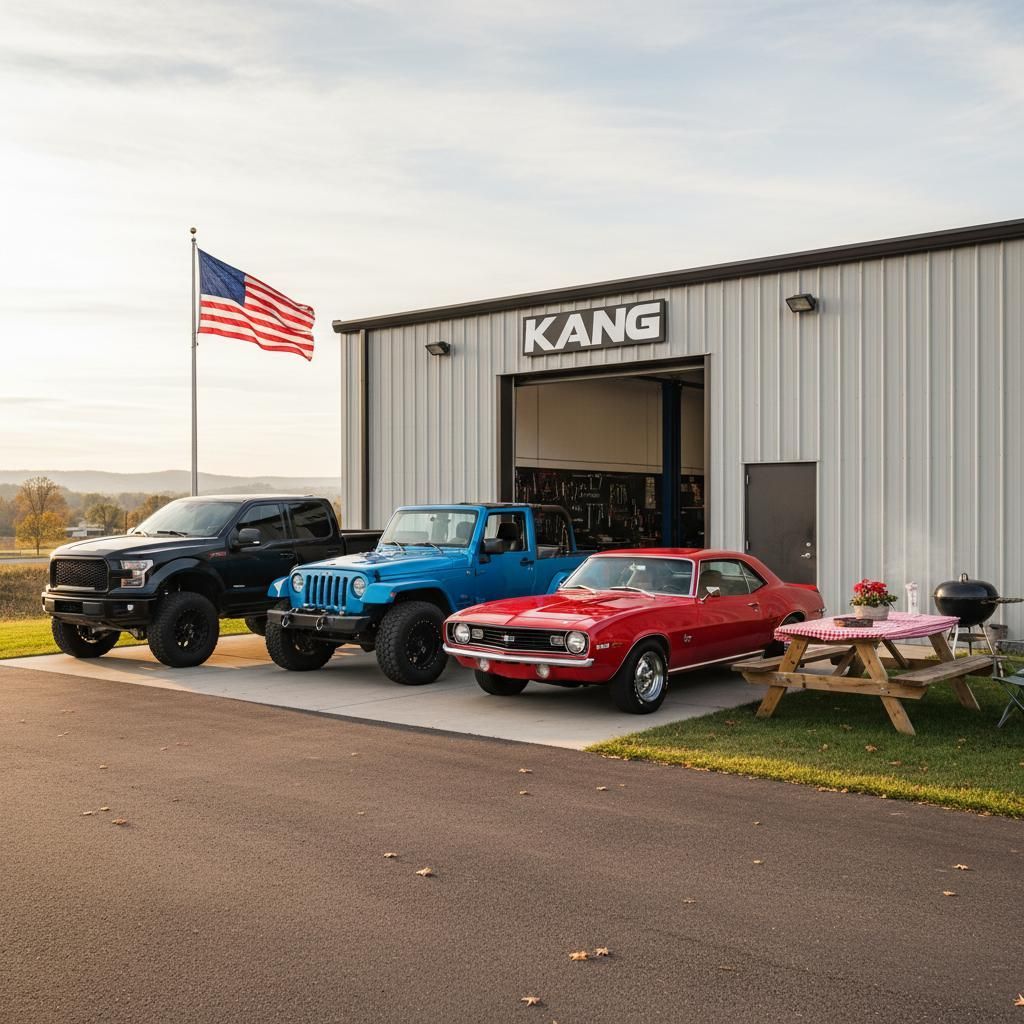 Black truck, blue Jeep, red classic car parked in front of a garage with the American flag waving.