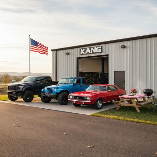 Black truck, blue Jeep, red classic car parked in front of a garage with the American flag waving.