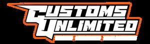 Customs Unlimited logo in bold white and black text with orange outline on a black background