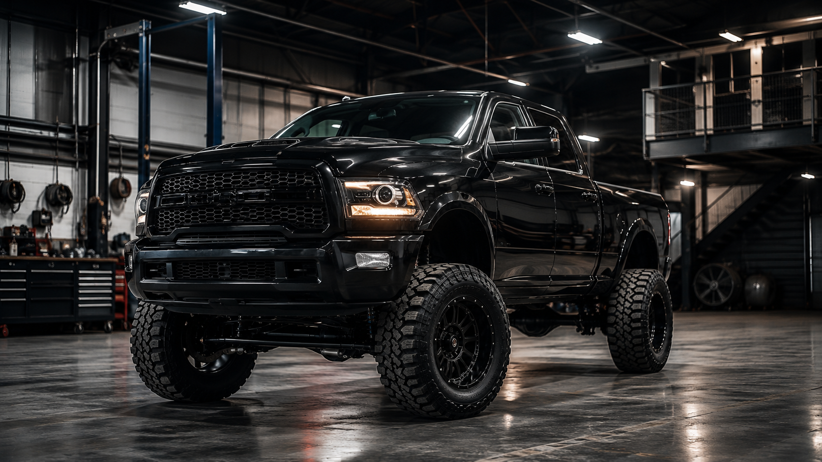 Black Ford F-150 truck with chrome rims on a lift inside a garage with an American flag on the wall.