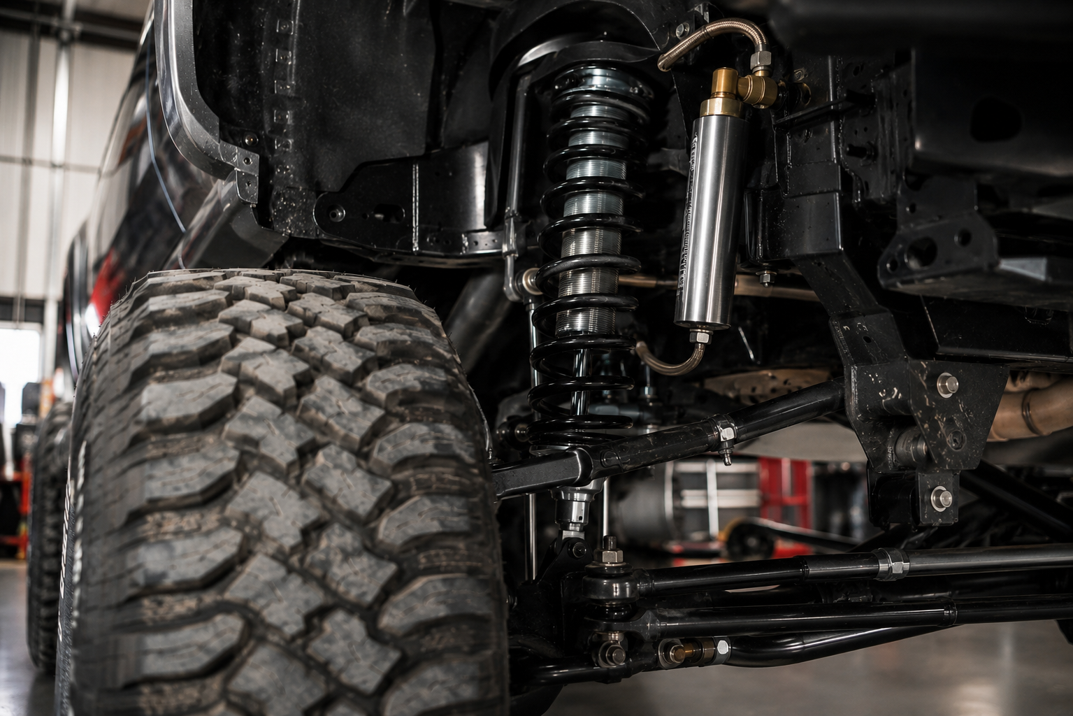 Fox shock absorber with a reservoir, in red lighting.