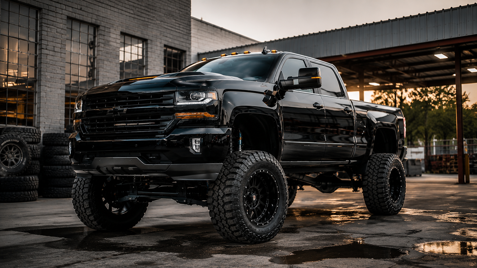 Black Ford F-150 truck with chrome rims on a lift inside a garage with an American flag on the wall.