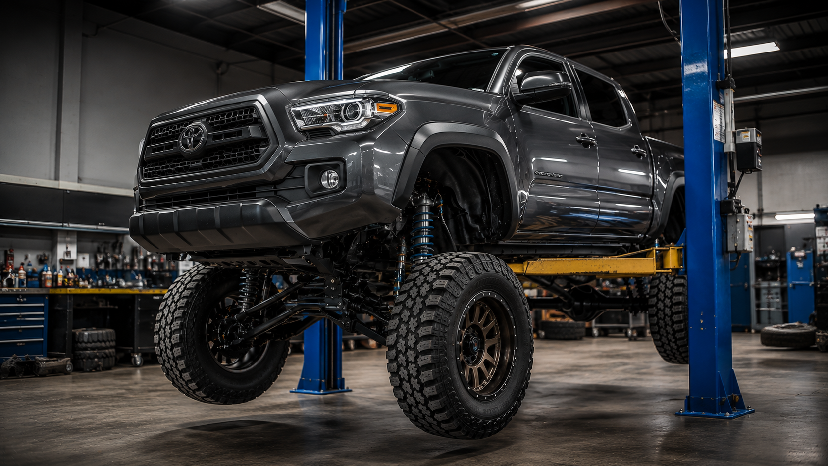 Black Ford F-150 truck with chrome rims on a lift inside a garage with an American flag on the wall.