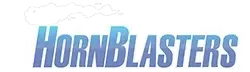 HornBlasters logo in blue gradient text with a horn graphic on white background