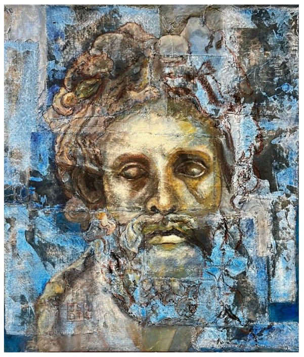 Retrato abstracto de un rostro solemne realizado con pinceladas texturizadas en azul, dorado y marrón.
