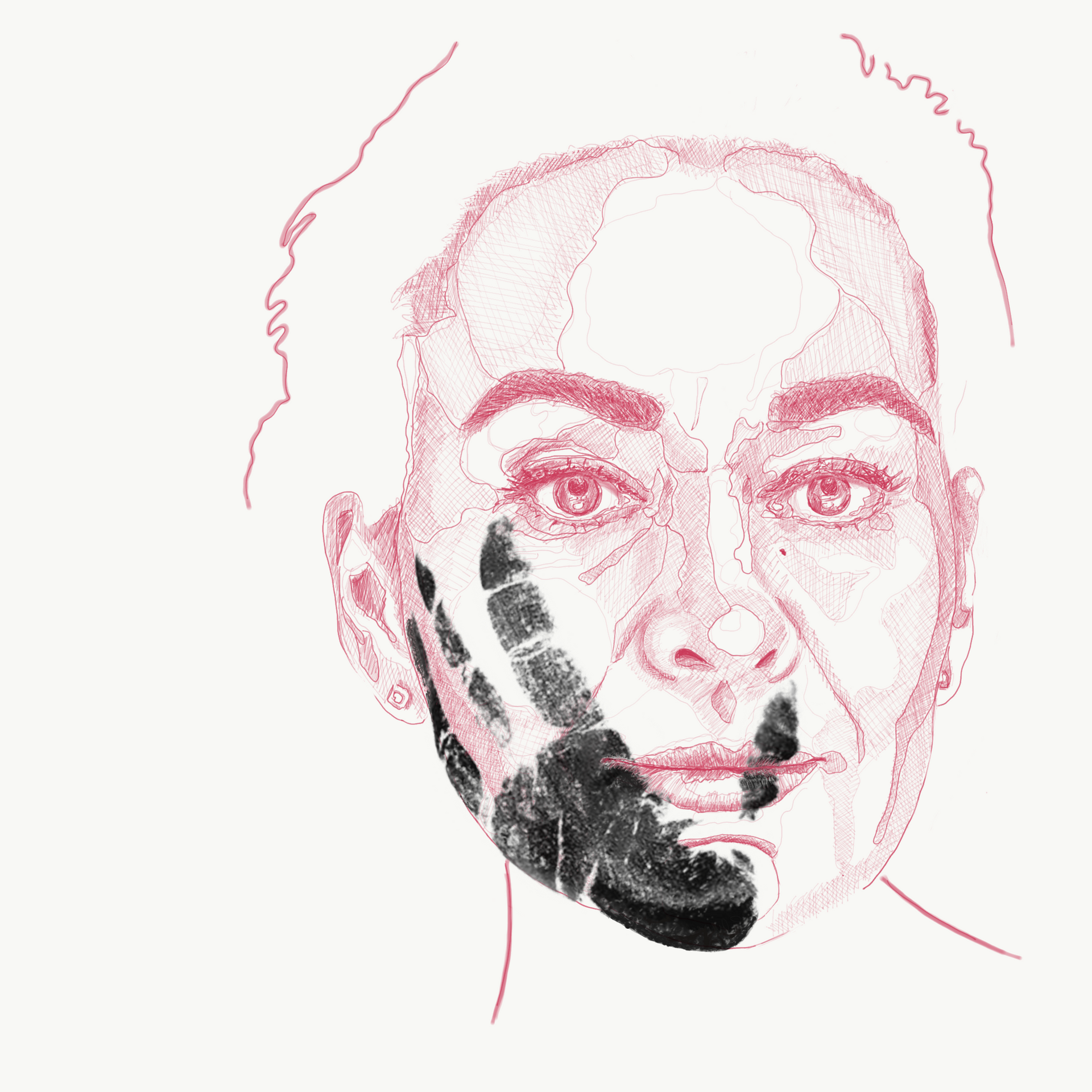 Dibujo lineal rosa de un rostro con la huella de una mano negra cubriendo la parte inferior de la mejilla izquierda y la mandíbula.
