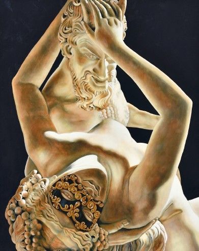 Escultura de estilo clásico de figuras desnudas entrelazadas en un dramático abrazo sobre un fondo oscuro.