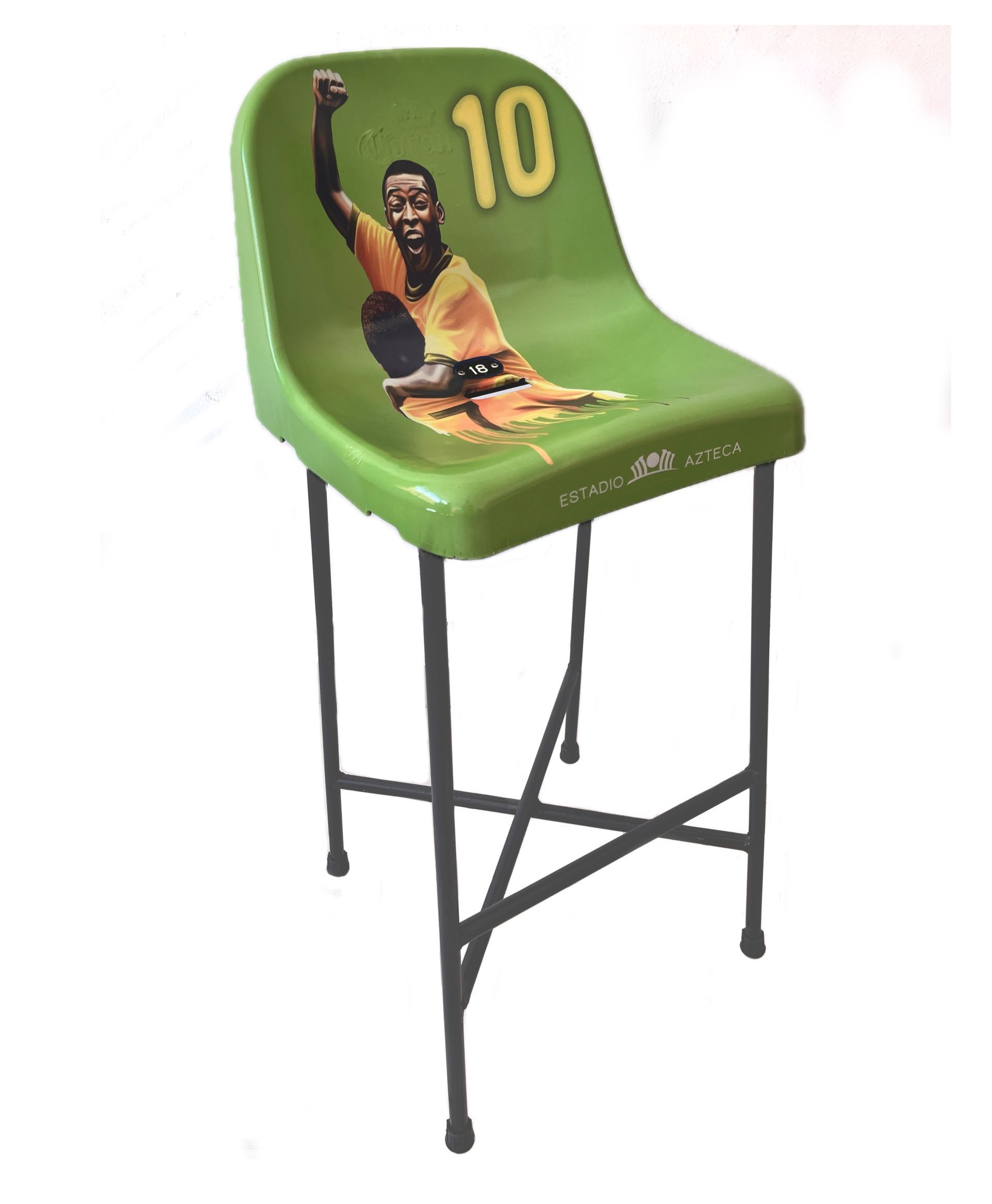 Taburete de bar verde con la imagen de un jugador de baloncesto y el número 10 en el respaldo, sobre una estructura metálica.