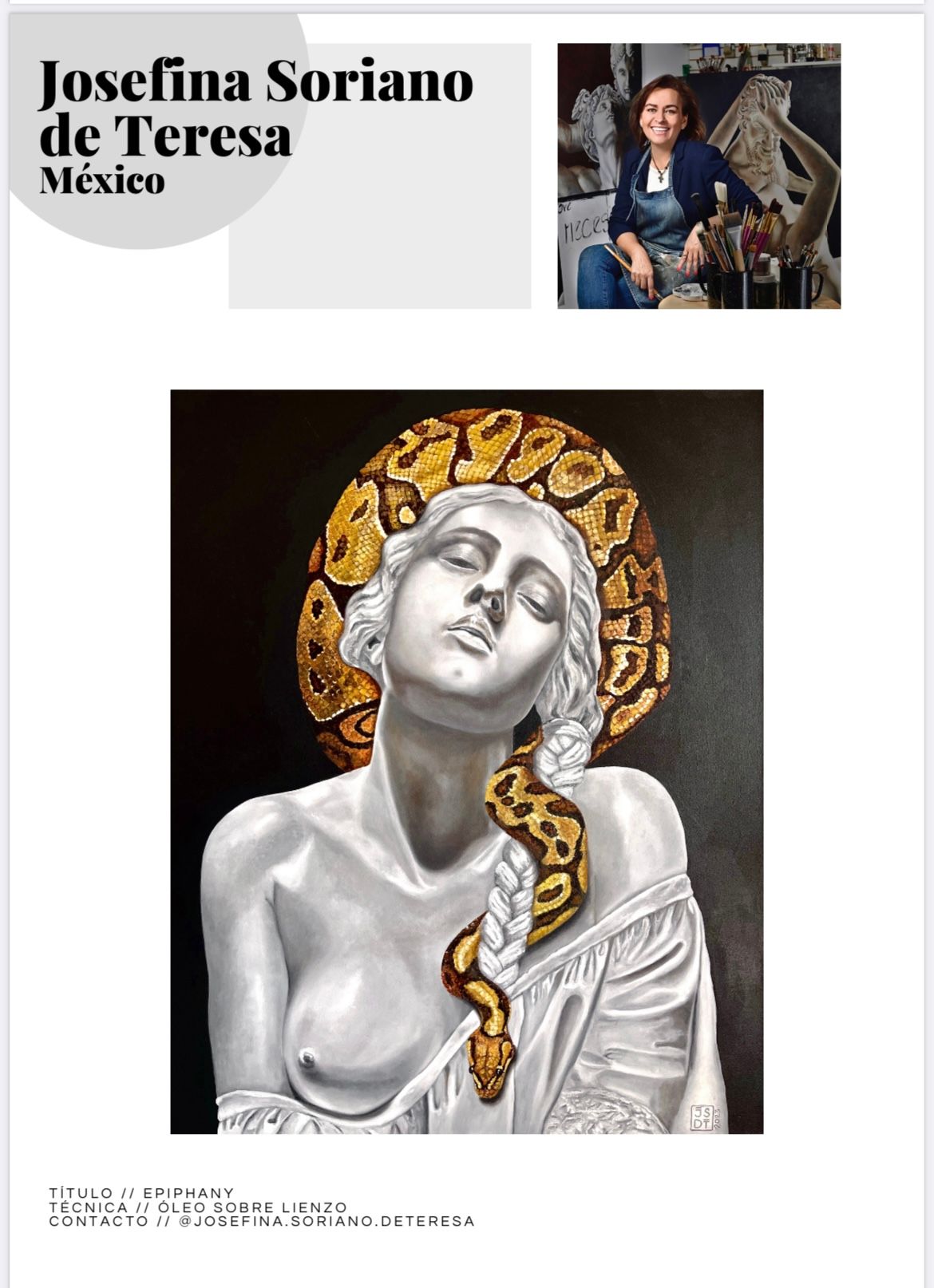 Póster collage de Josefina Soriano de Teresa, México, con fotos de retrato y una figura estilizada en blanco y negro con detalles dorados.