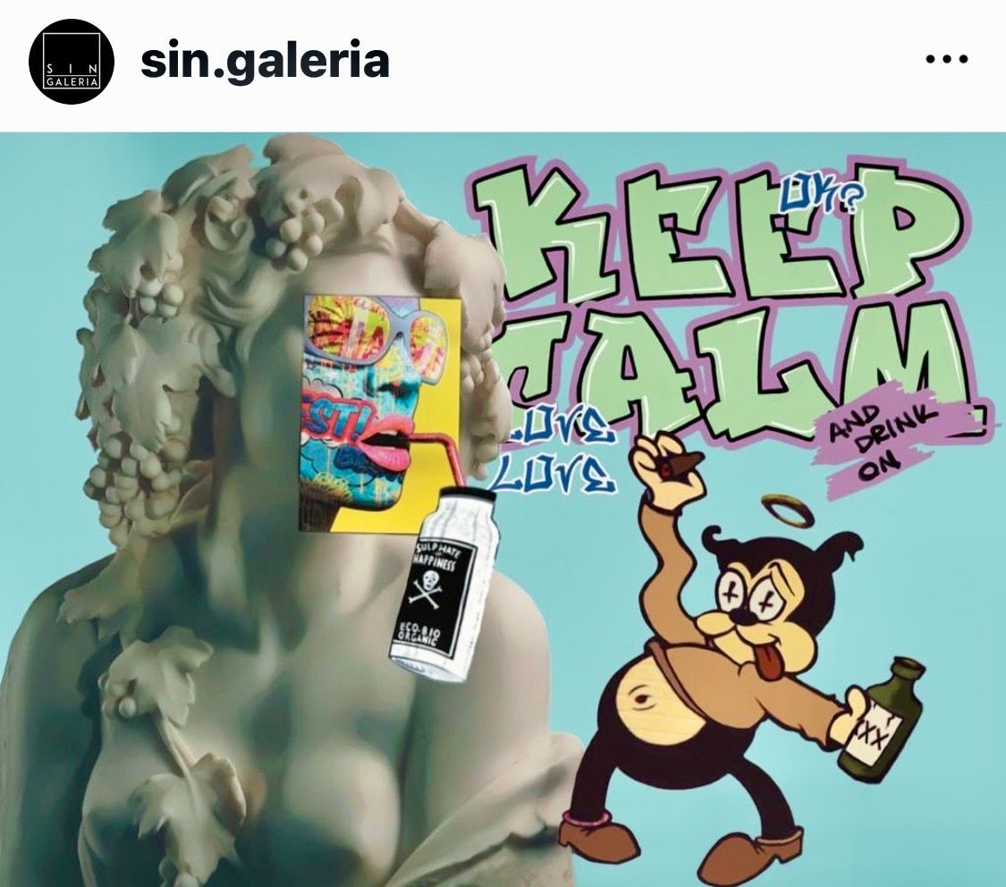 Gráfico al estilo de Instagram con una estatua verde, un collage de neón y un mono de dibujos animados sosteniendo latas de aerosol, con el mensaje