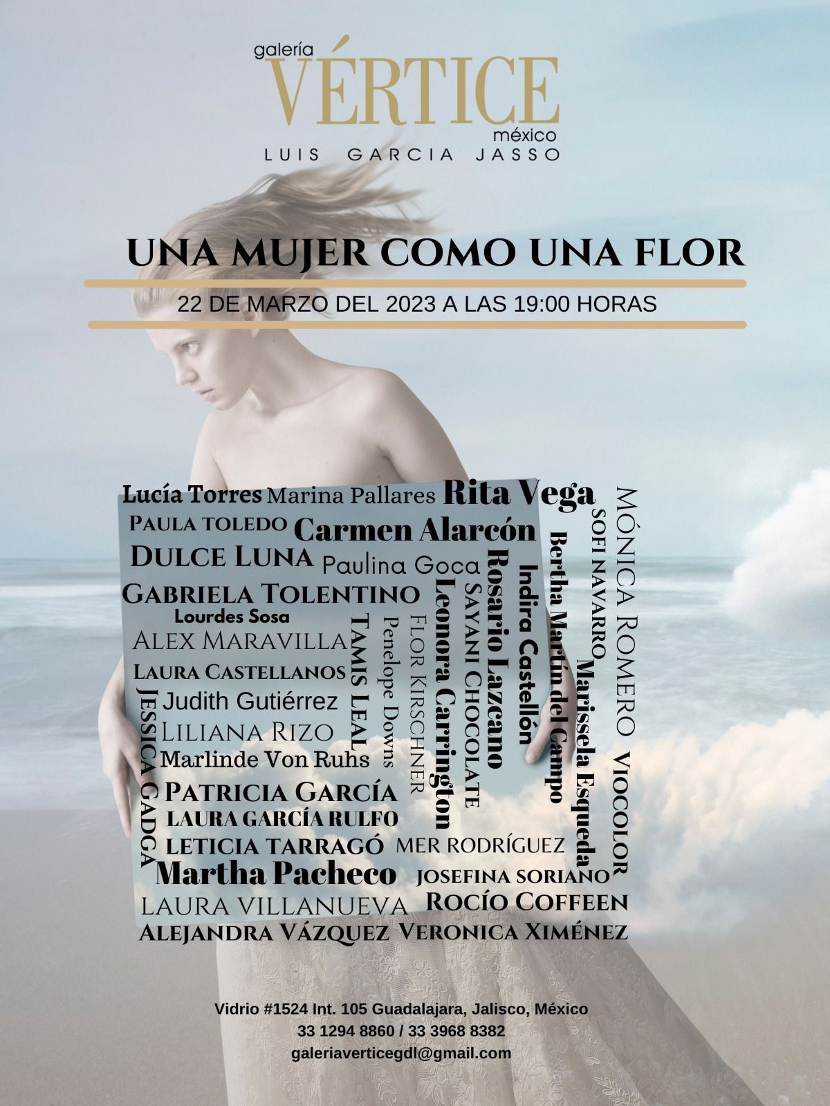 Poster for “Vértice” play, “Una mujer como una flor,” with cast names on a beige floral background.