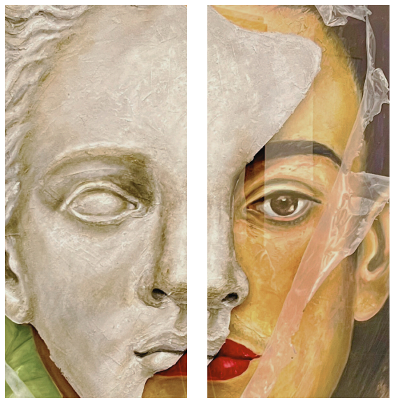 Retrato dividido con mitad máscara blanca y mitad rostro colorido bajo una película plástica despegada.