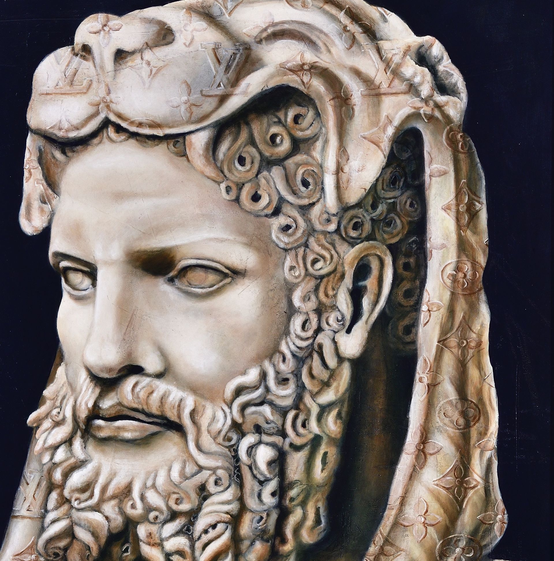 Busto de mármol de un hombre barbudo con cabello rizado, vestido con una túnica con capucha, visto de perfil.