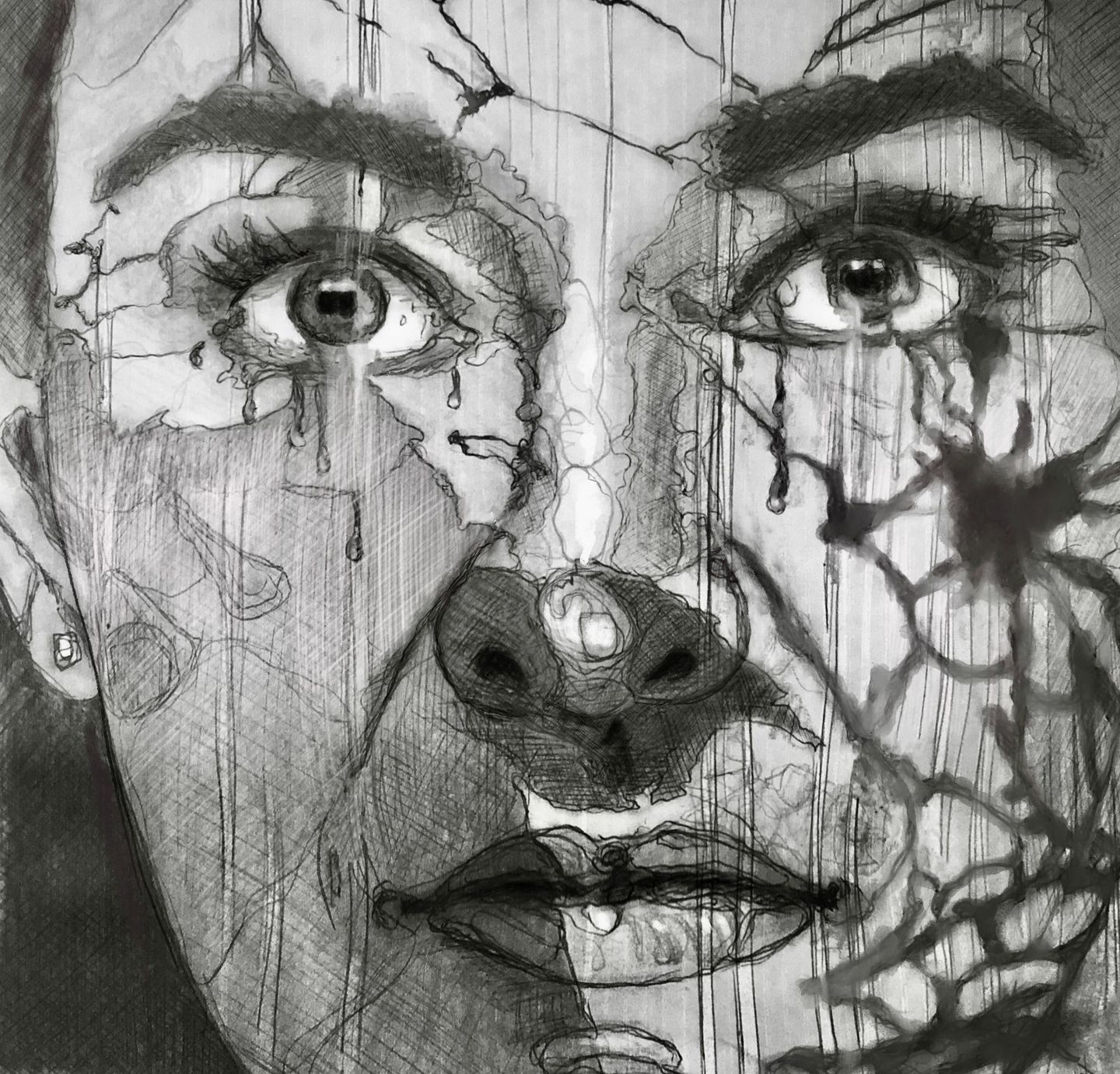 Boceto en escala de grises de un rostro con textura agrietada y un lado cubierto por sombras oscuras ramificadas.
