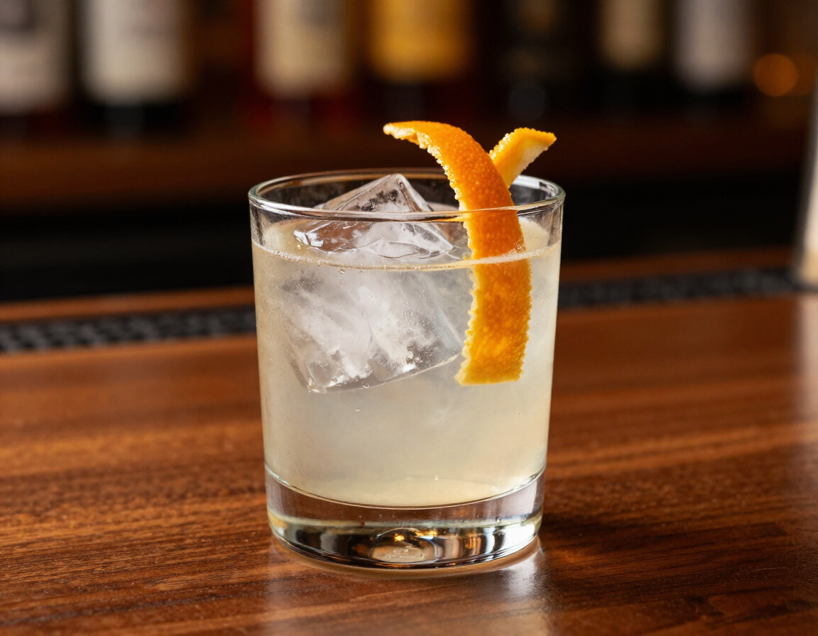 Cocktail agrumato servito in un bicchiere basso con ghiaccio e scorza d’arancia.