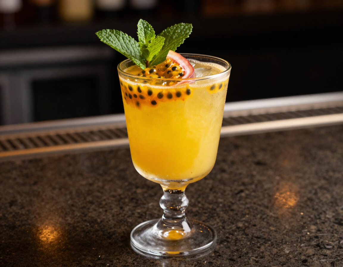 Cocktail tropicale con menta e frutto della passione in stile signature.
